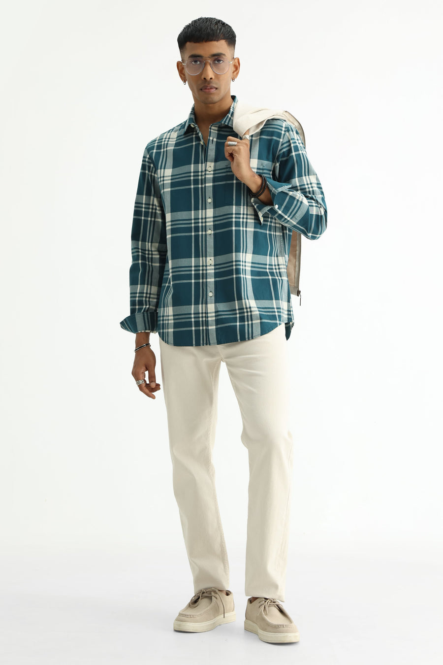 BASICS SLIM FIT BEIGE COTTON TWILL CHECKS SHIRT
