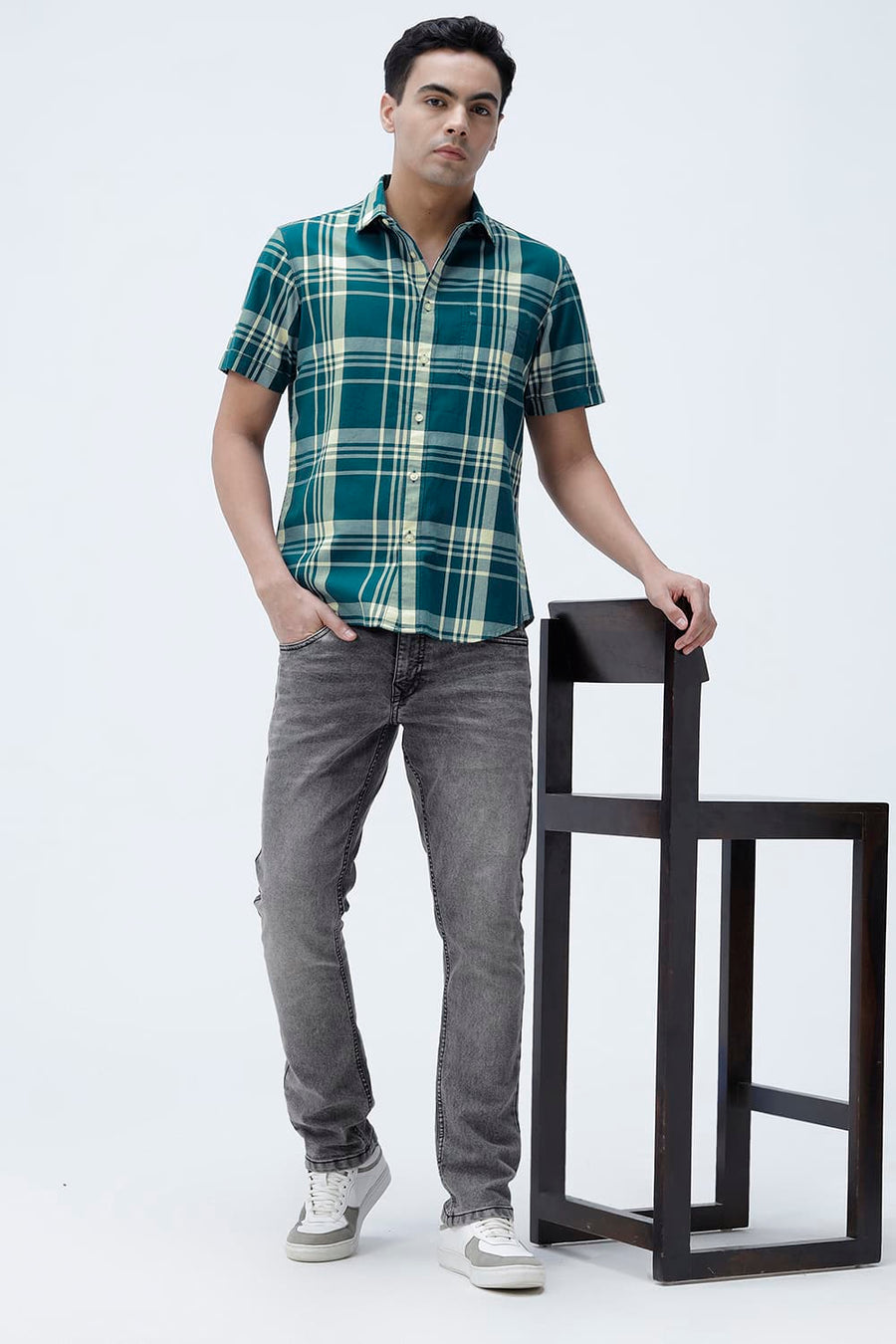 BASICS SLIM FIT BEIGE COTTON TWILL CHECKS HALFSLEEVES SHIRT