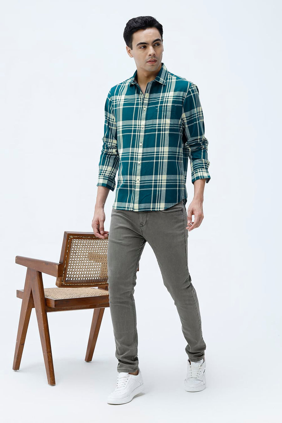 BASICS SLIM FIT BEIGE COTTON TWILL CHECKS SHIRT