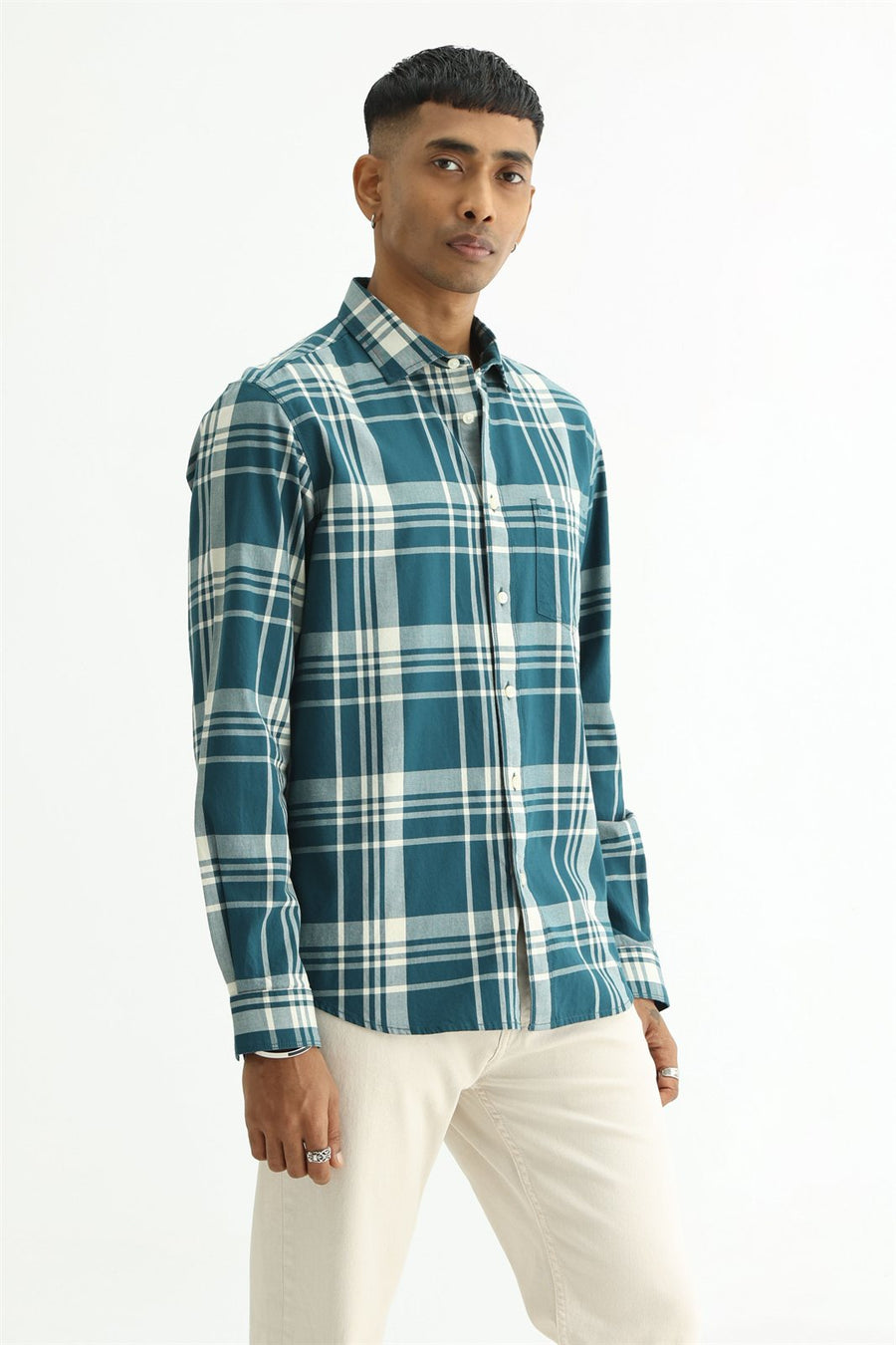 BASICS SLIM FIT BEIGE COTTON TWILL CHECKS SHIRT
