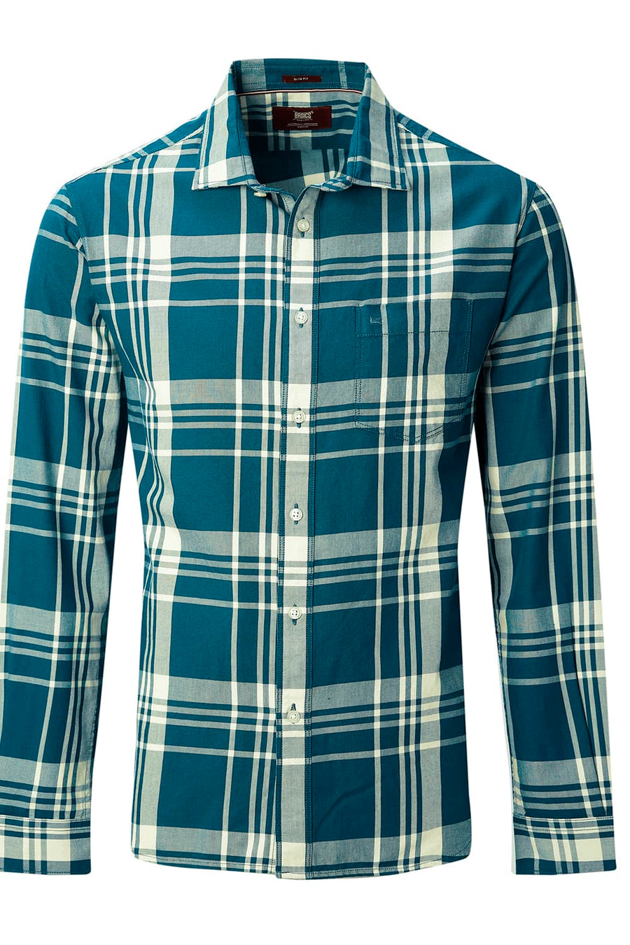 BASICS SLIM FIT BEIGE COTTON TWILL CHECKS SHIRT