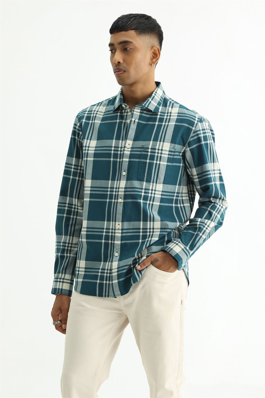 BASICS SLIM FIT BEIGE COTTON TWILL CHECKS SHIRT
