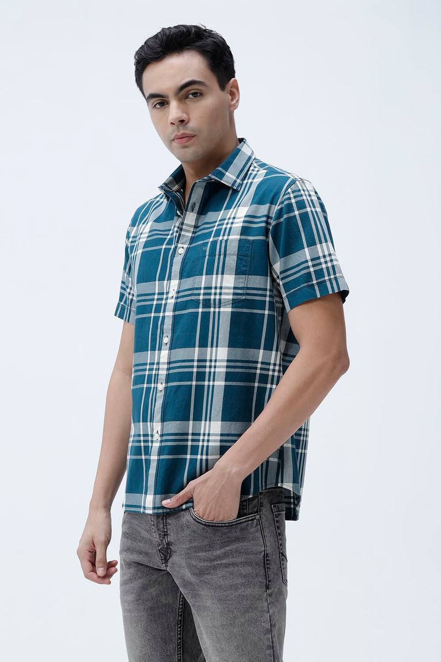 BASICS SLIM FIT BEIGE COTTON TWILL CHECKS HALFSLEEVES SHIRT