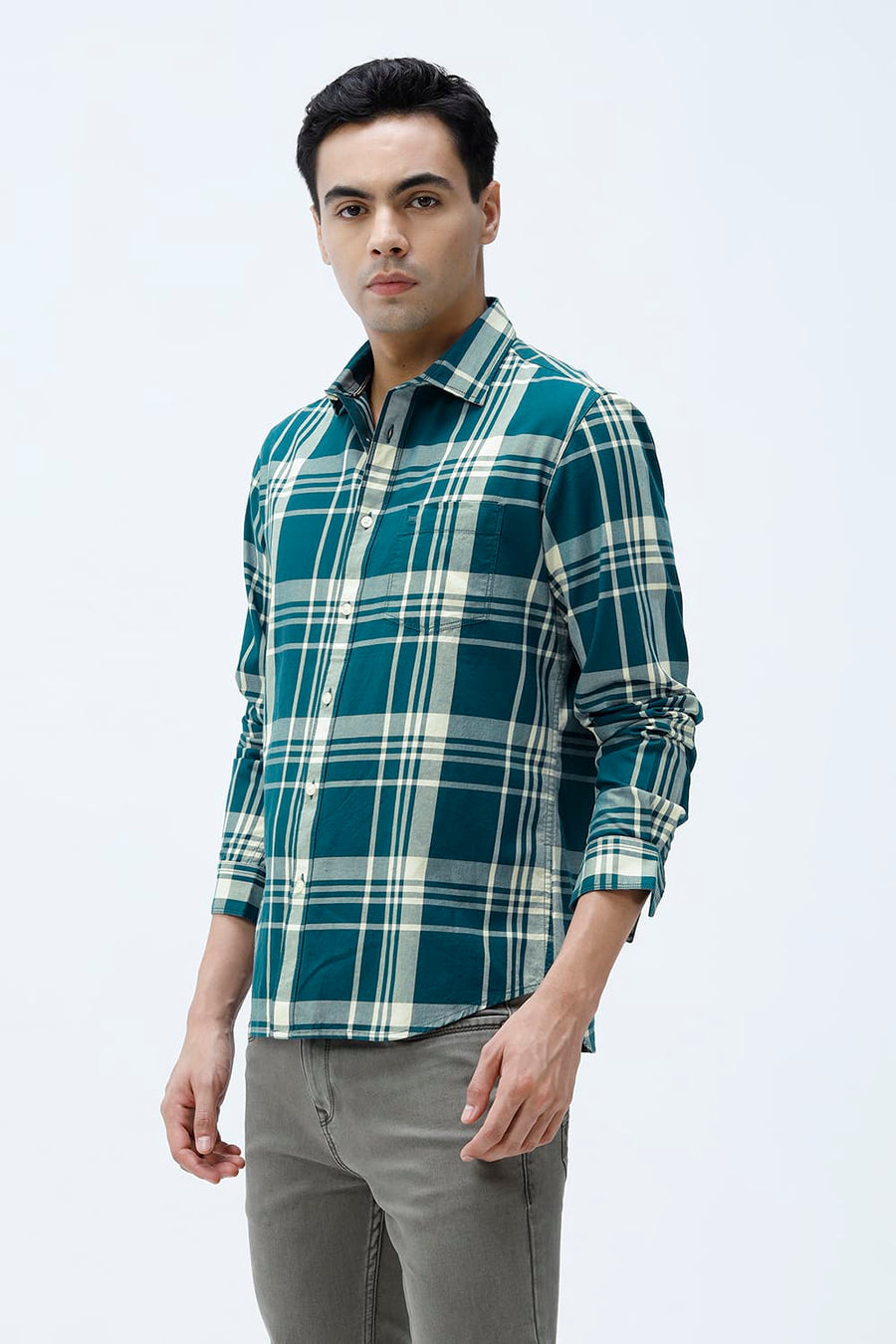 BASICS SLIM FIT BEIGE COTTON TWILL CHECKS SHIRT