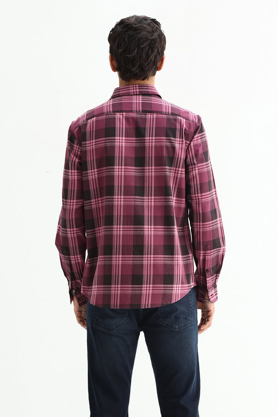 BASICS SLIM FIT LIGHT GREY COTTON TWILL CHECKS SHIRT