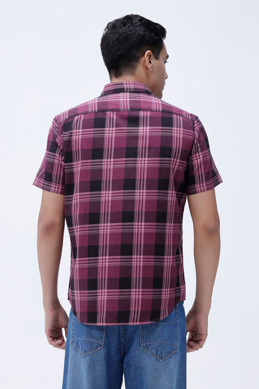 BASICS SLIM FIT LIGHT GREY COTTON TWILL CHECKS HALFSLEEVES SHIRT