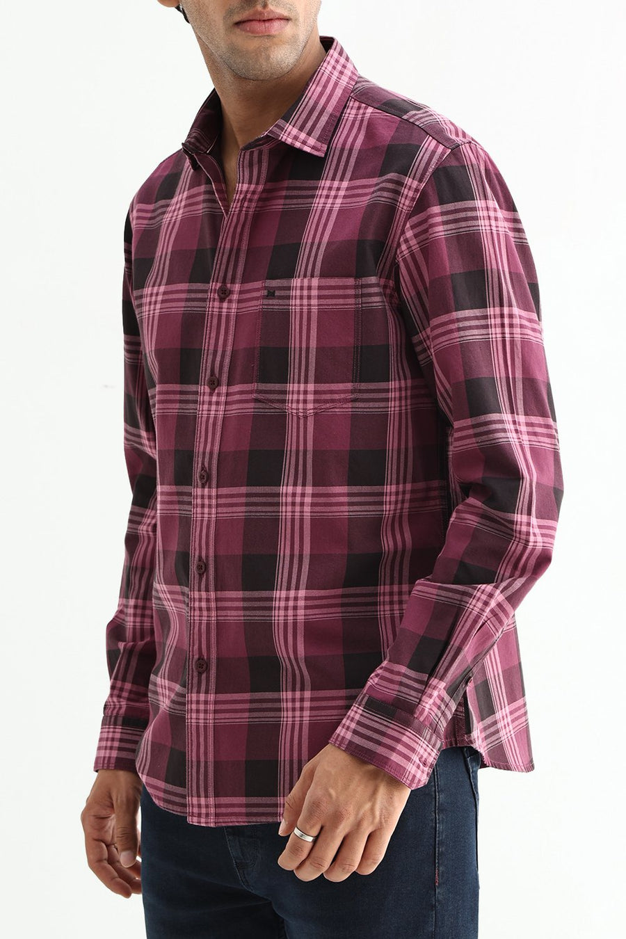 BASICS SLIM FIT LIGHT GREY COTTON TWILL CHECKS SHIRT