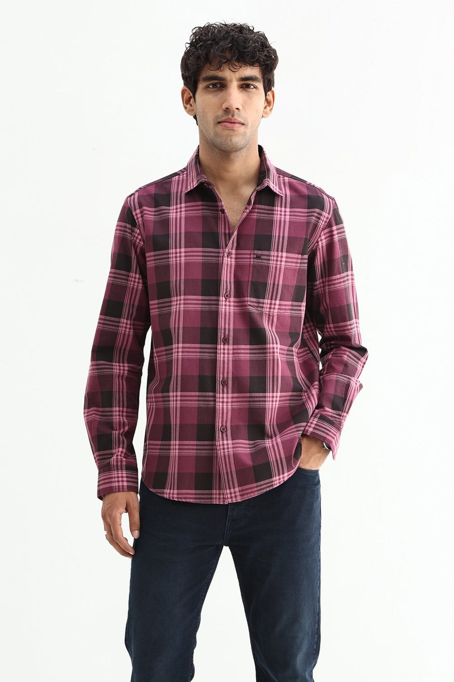 BASICS SLIM FIT LIGHT GREY COTTON TWILL CHECKS SHIRT