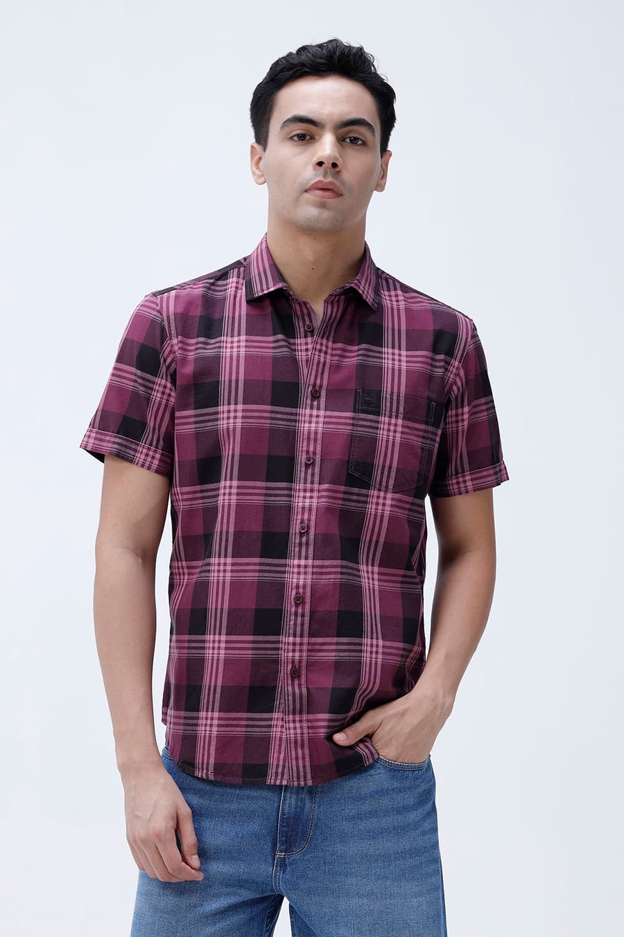 BASICS SLIM FIT LIGHT GREY COTTON TWILL CHECKS HALFSLEEVES SHIRT