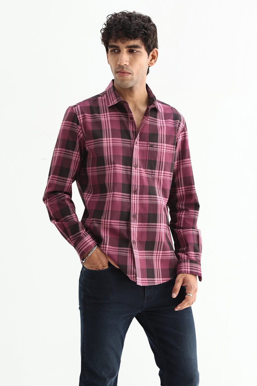 BASICS SLIM FIT LIGHT GREY COTTON TWILL CHECKS SHIRT