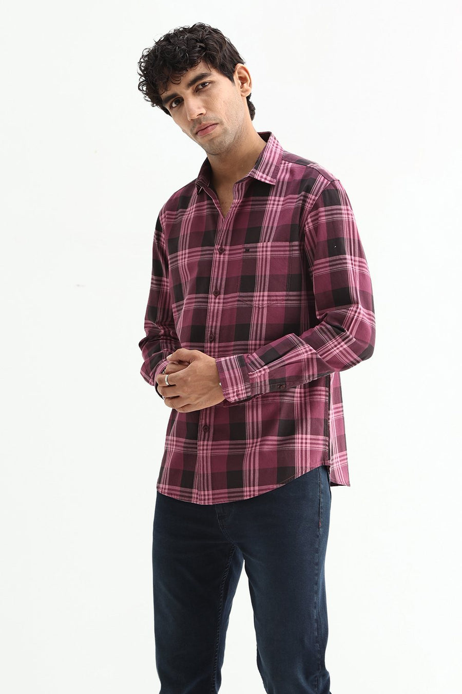 BASICS SLIM FIT LIGHT GREY COTTON TWILL CHECKS SHIRT
