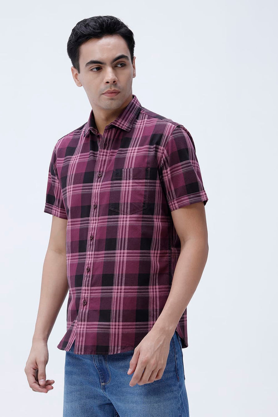 BASICS SLIM FIT LIGHT GREY COTTON TWILL CHECKS HALFSLEEVES SHIRT