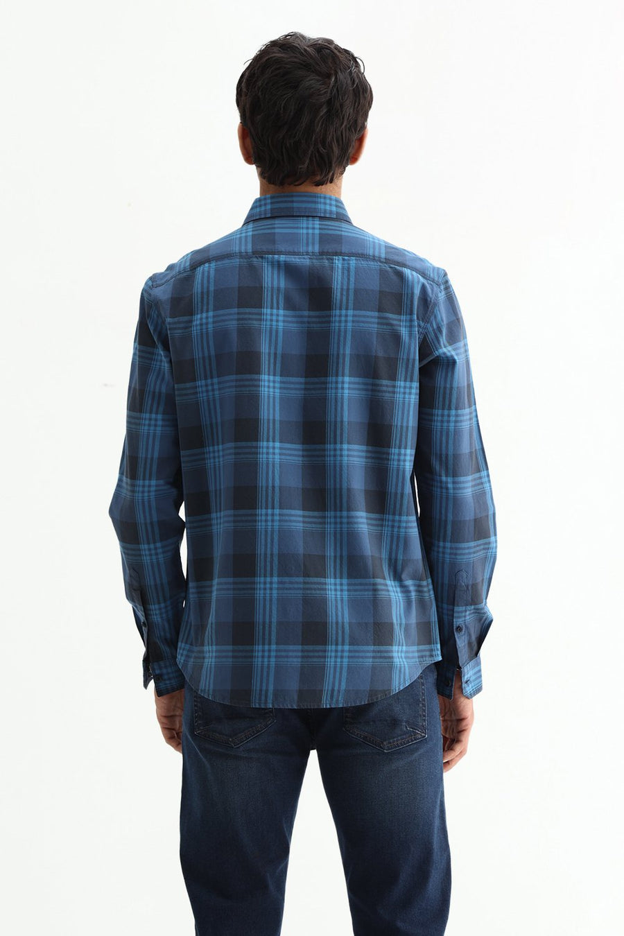 BASICS SLIM FIT OLIVE COTTON TWILL CHECKS SHIRT
