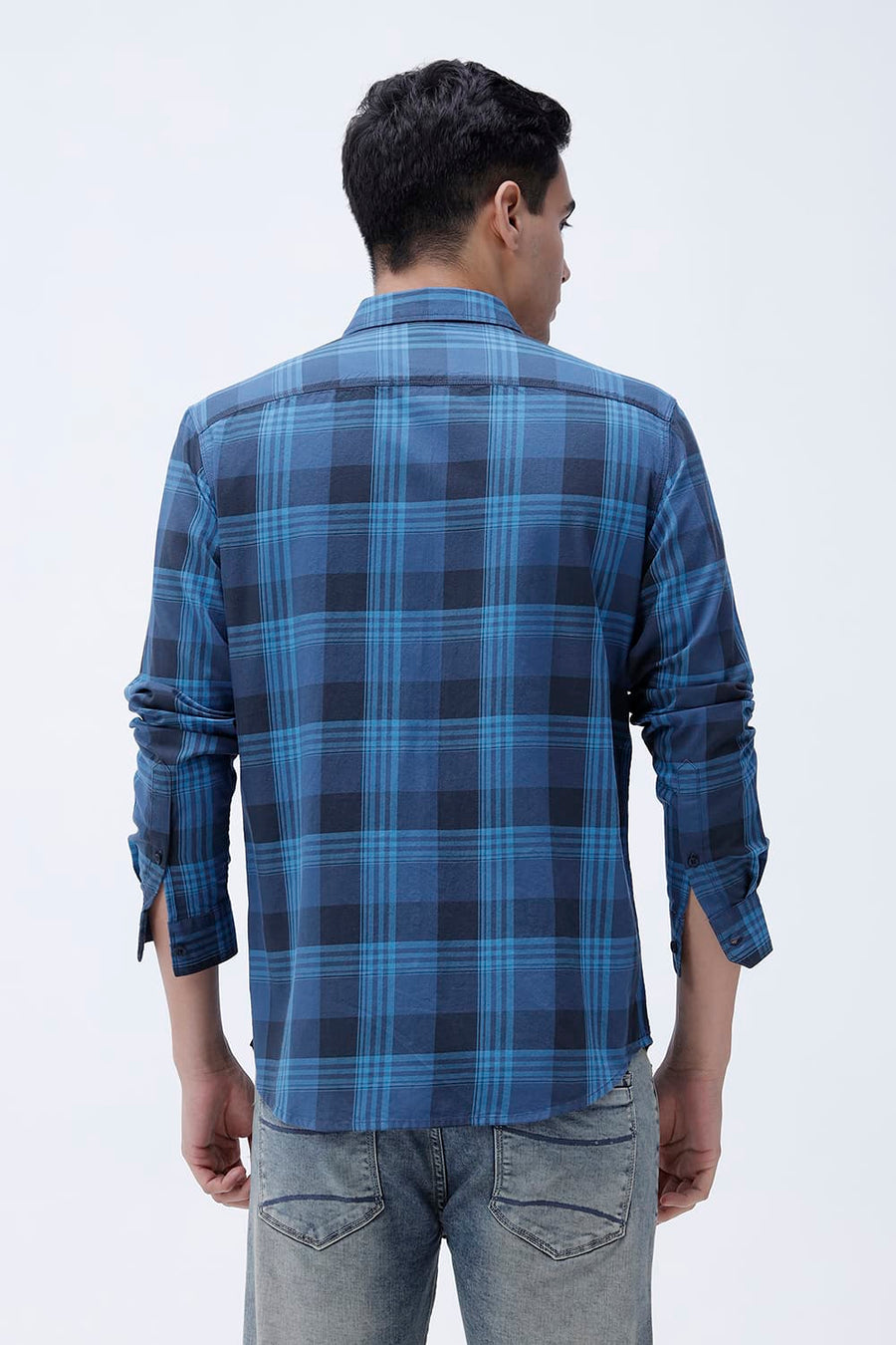 BASICS SLIM FIT OLIVE COTTON TWILL CHECKS SHIRT