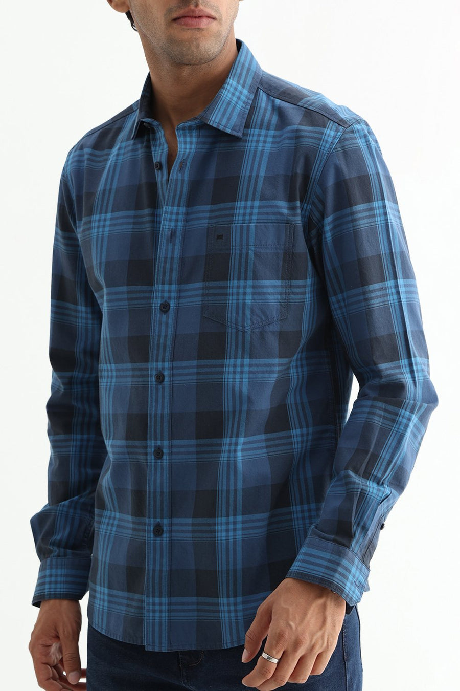 BASICS SLIM FIT OLIVE COTTON TWILL CHECKS SHIRT