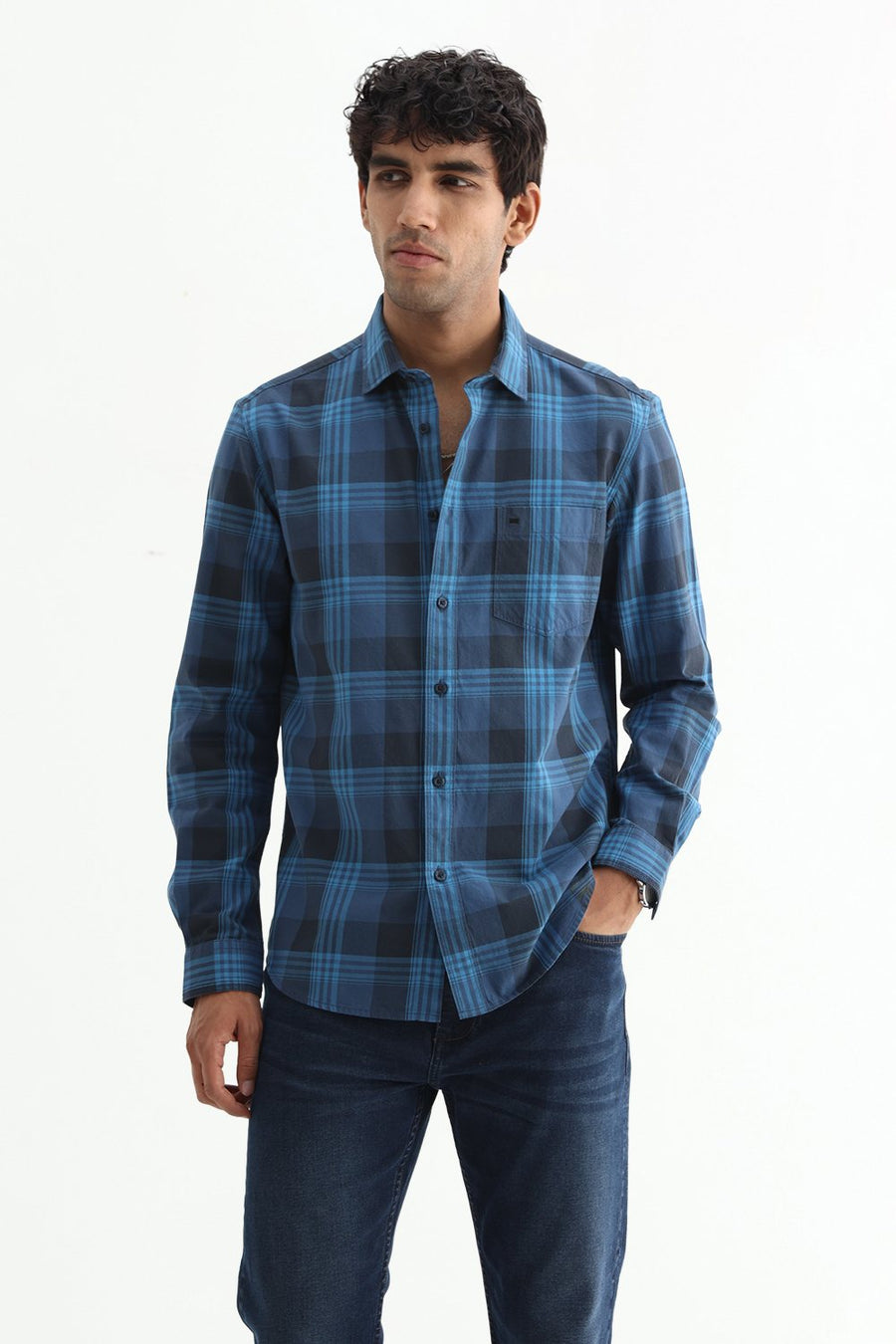 BASICS SLIM FIT OLIVE COTTON TWILL CHECKS SHIRT