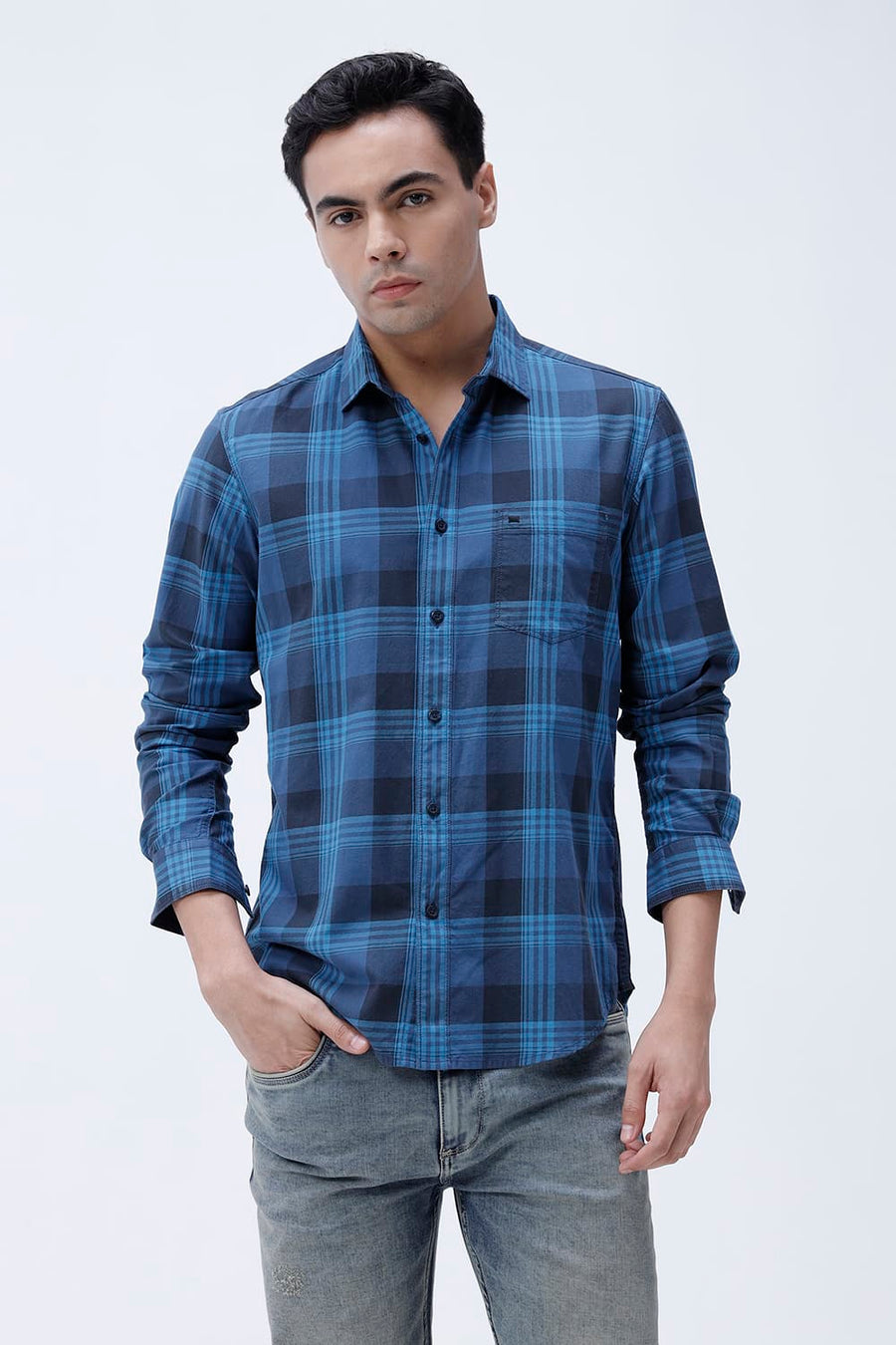 BASICS SLIM FIT OLIVE COTTON TWILL CHECKS SHIRT
