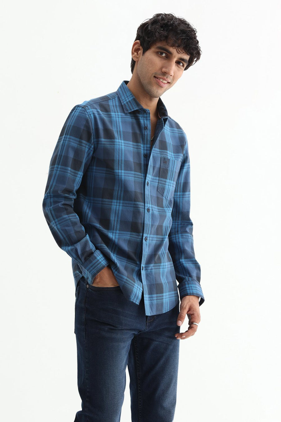 BASICS SLIM FIT OLIVE COTTON TWILL CHECKS SHIRT