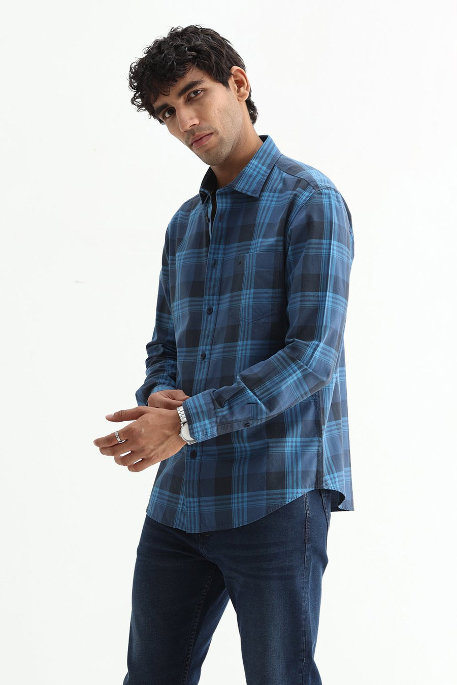BASICS SLIM FIT OLIVE COTTON TWILL CHECKS SHIRT