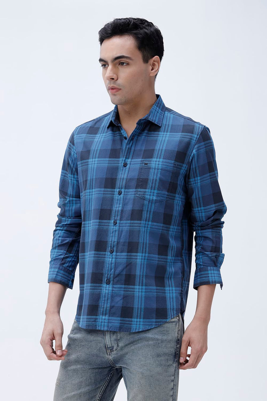 BASICS SLIM FIT OLIVE COTTON TWILL CHECKS SHIRT