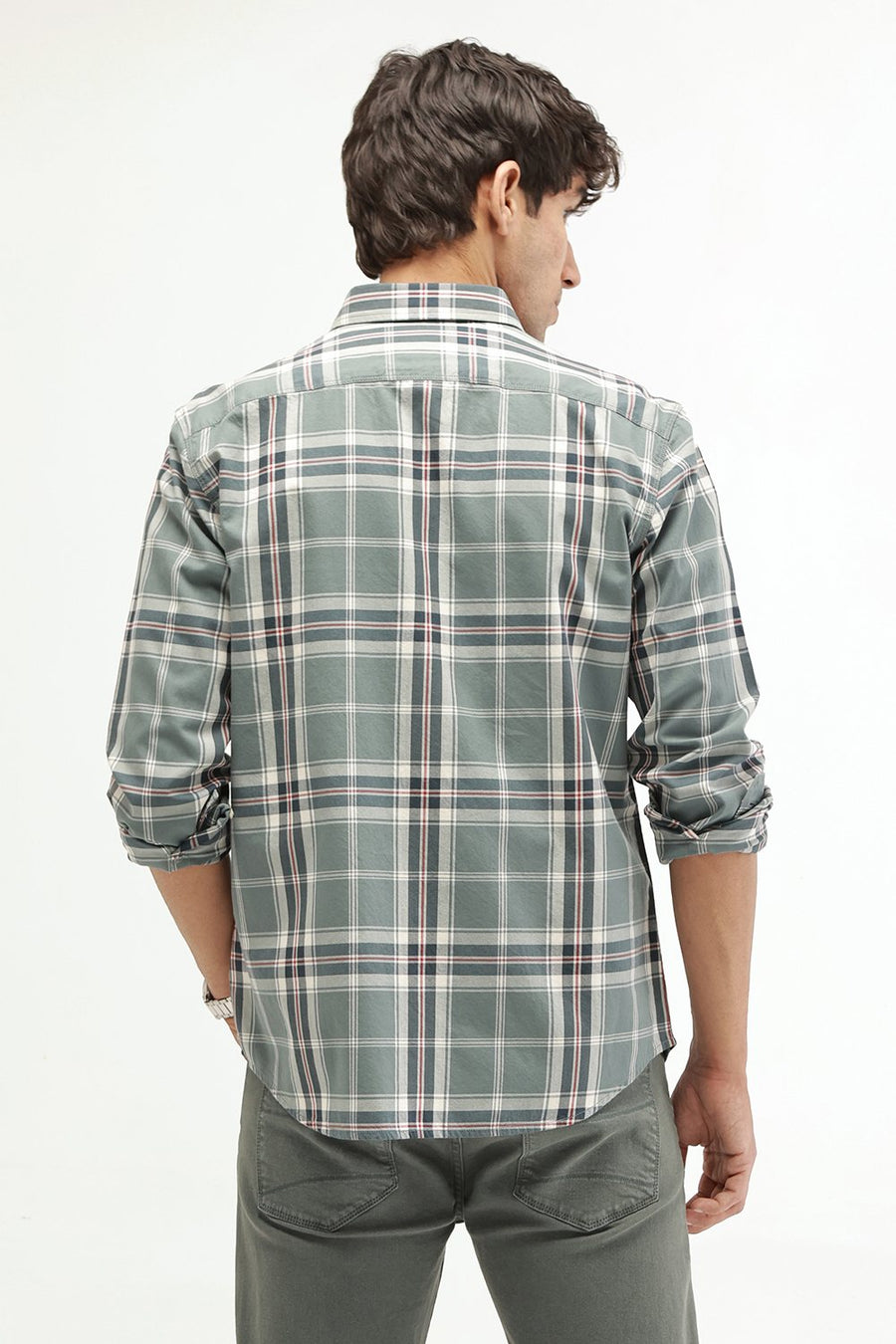 BASICS SLIM FIT DARK BROWN COTTON TWILL CHECKS SHIRT