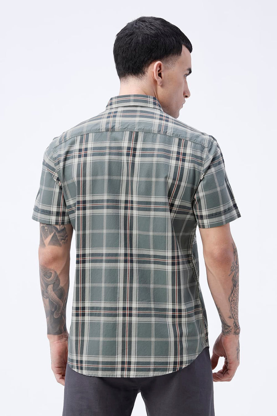 BASICS SLIM FIT DARK BROWN COTTON TWILL CHECKS HALFSLEEVES SHIRT