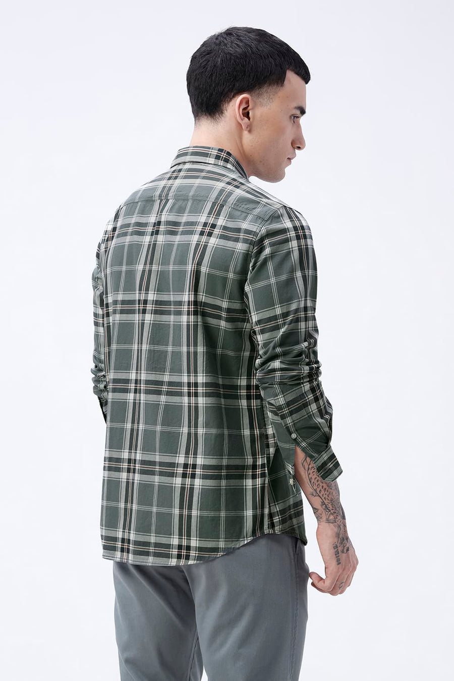 BASICS SLIM FIT DARK BROWN COTTON TWILL CHECKS SHIRT