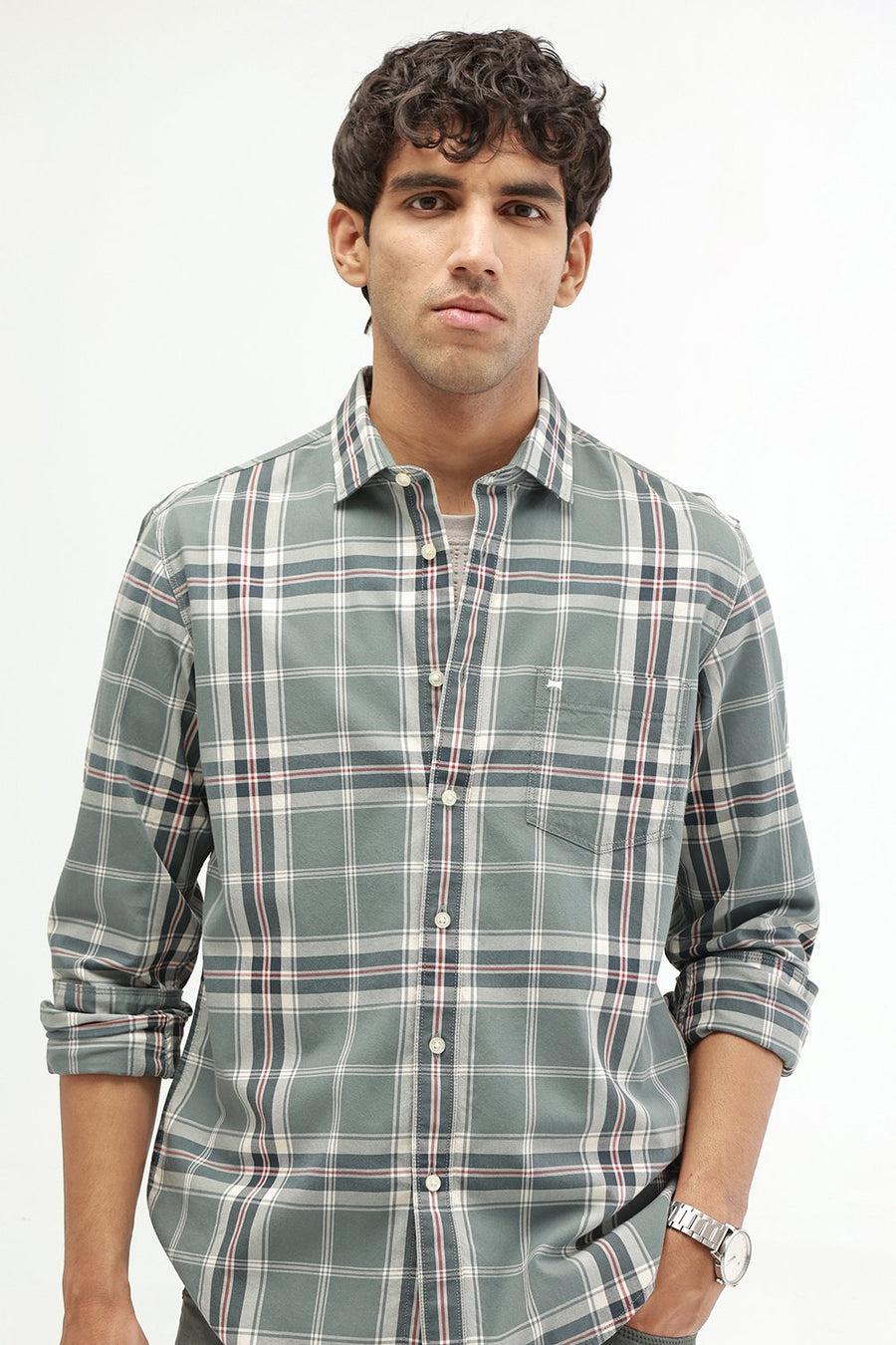 BASICS SLIM FIT DARK BROWN COTTON TWILL CHECKS SHIRT