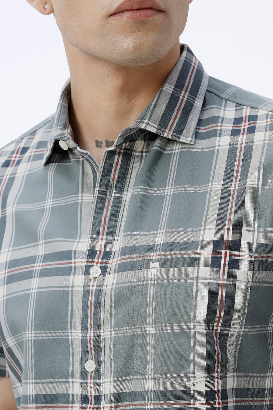 BASICS SLIM FIT DARK BROWN COTTON TWILL CHECKS HALFSLEEVES SHIRT