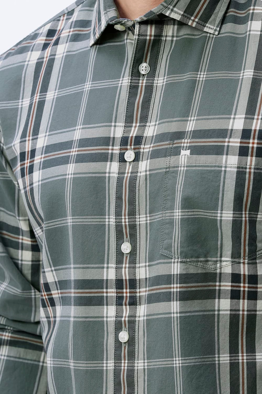 BASICS SLIM FIT DARK BROWN COTTON TWILL CHECKS SHIRT