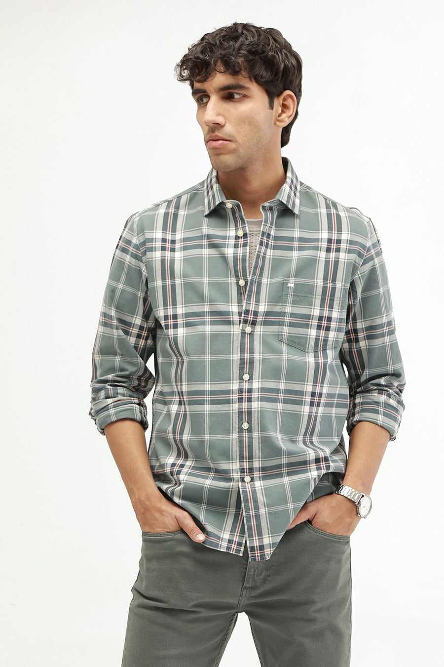 BASICS SLIM FIT DARK BROWN COTTON TWILL CHECKS SHIRT