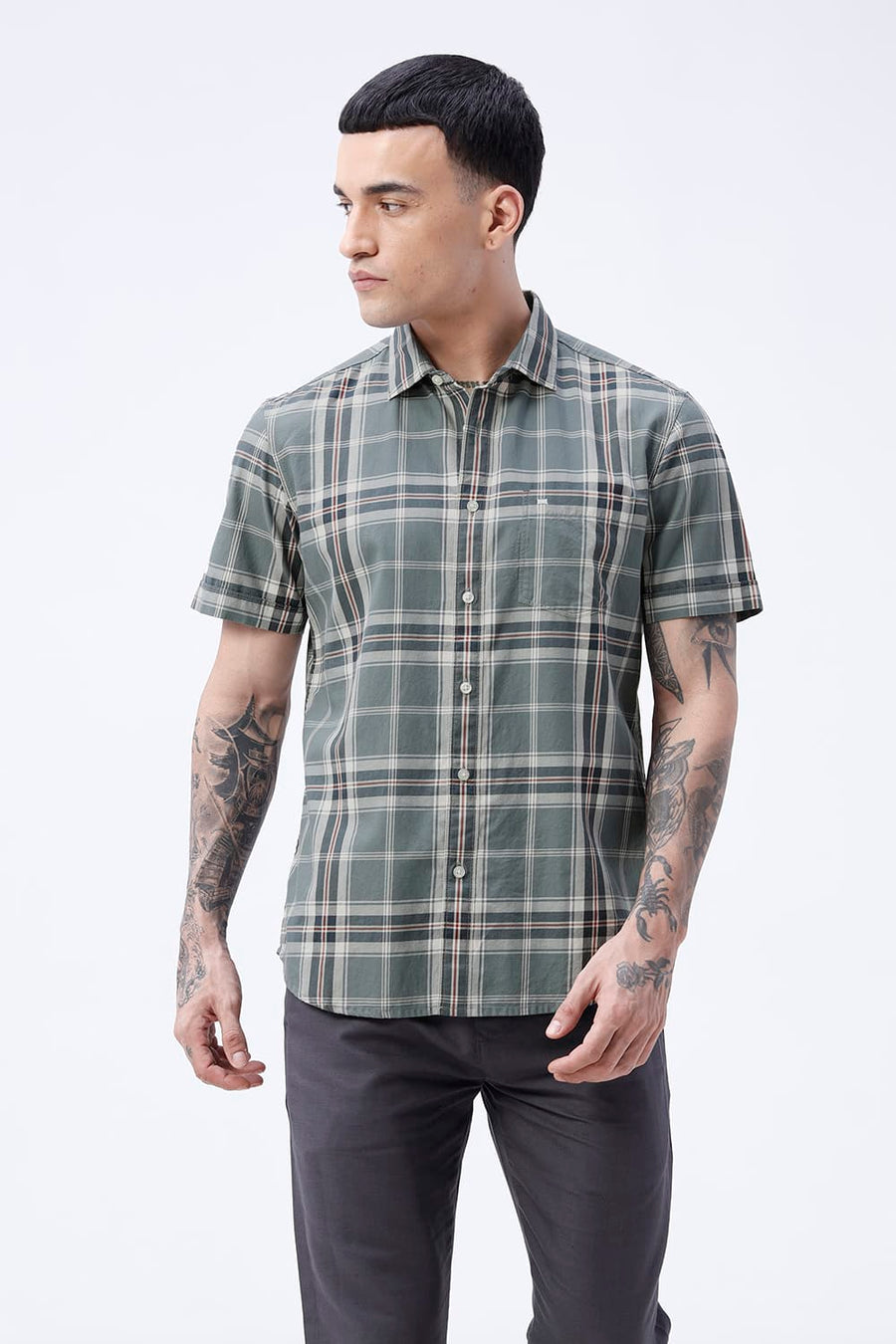 BASICS SLIM FIT DARK BROWN COTTON TWILL CHECKS HALFSLEEVES SHIRT