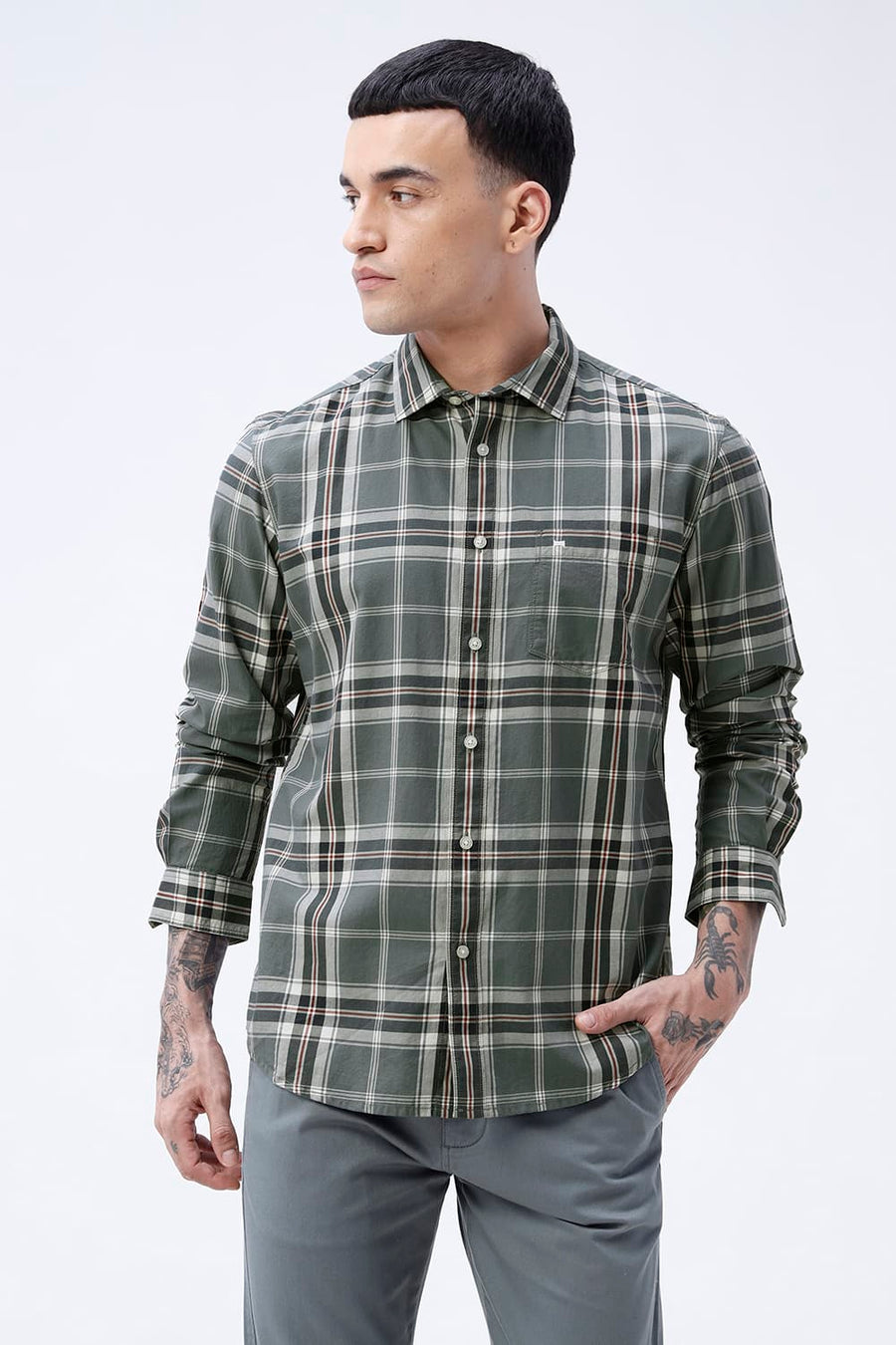 BASICS SLIM FIT DARK BROWN COTTON TWILL CHECKS SHIRT