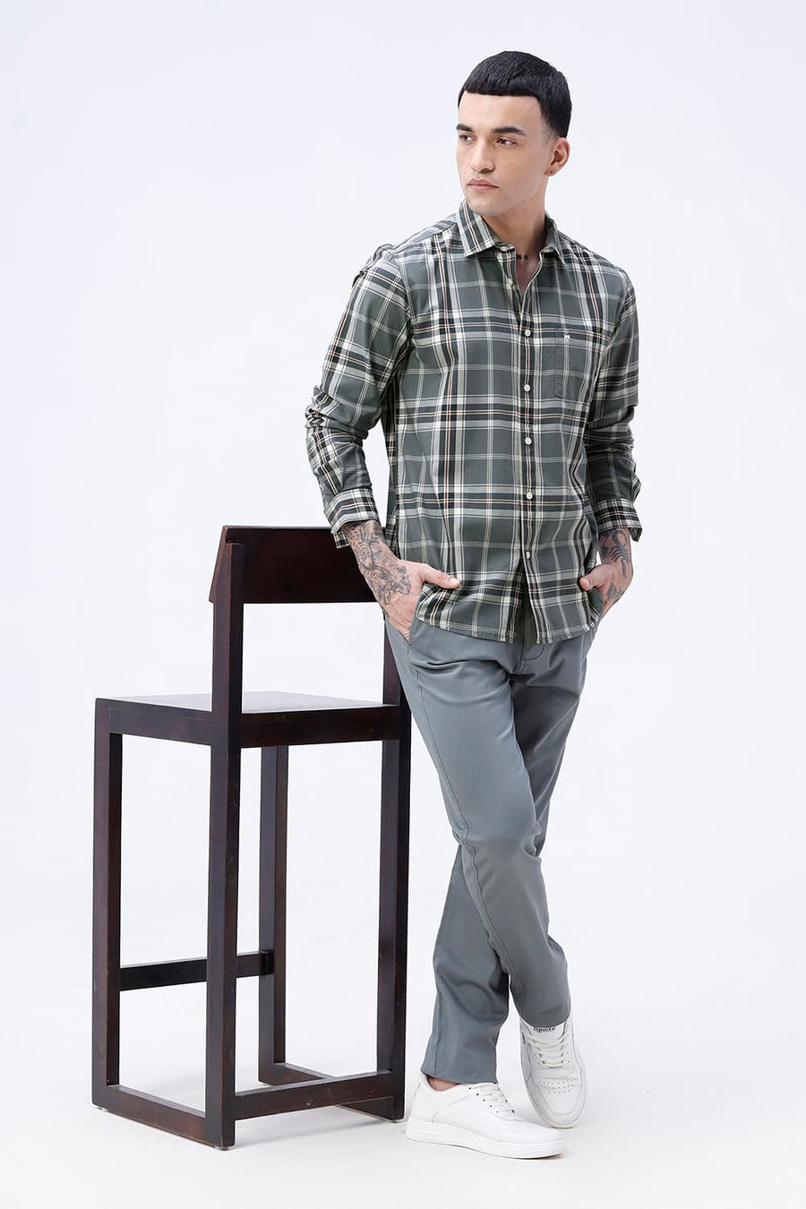 BASICS SLIM FIT DARK BROWN COTTON TWILL CHECKS SHIRT