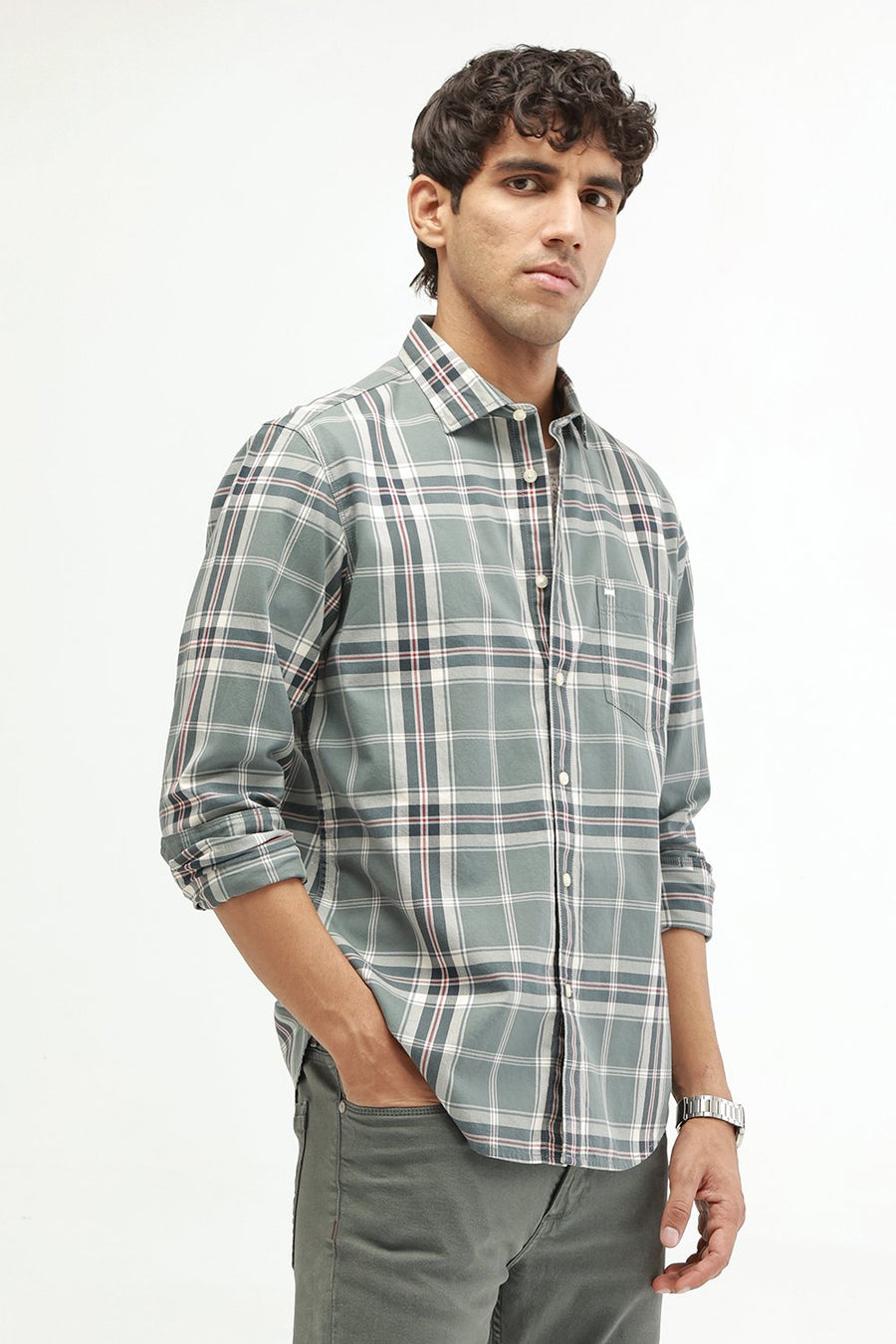 BASICS SLIM FIT DARK BROWN COTTON TWILL CHECKS SHIRT