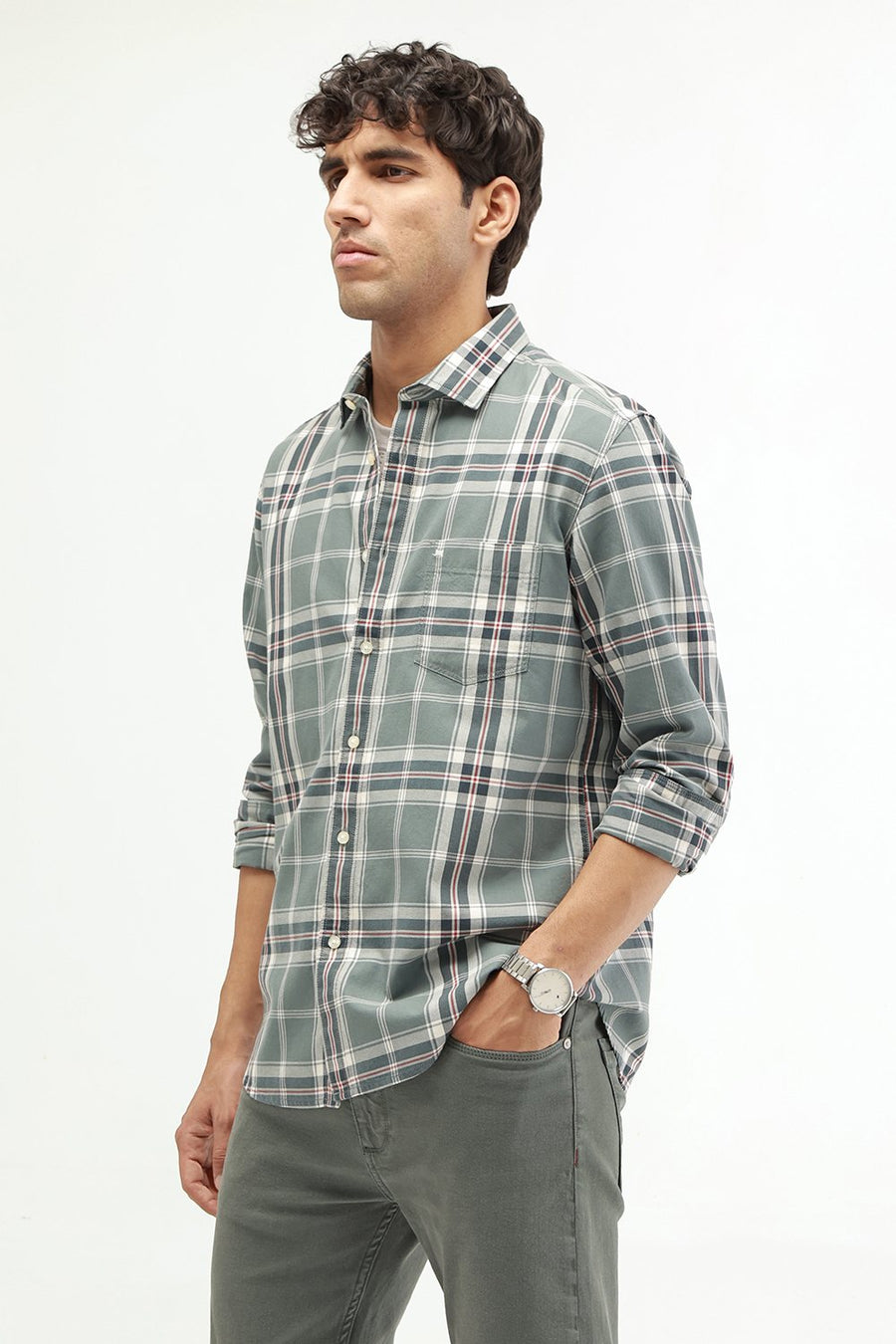 BASICS SLIM FIT DARK BROWN COTTON TWILL CHECKS SHIRT