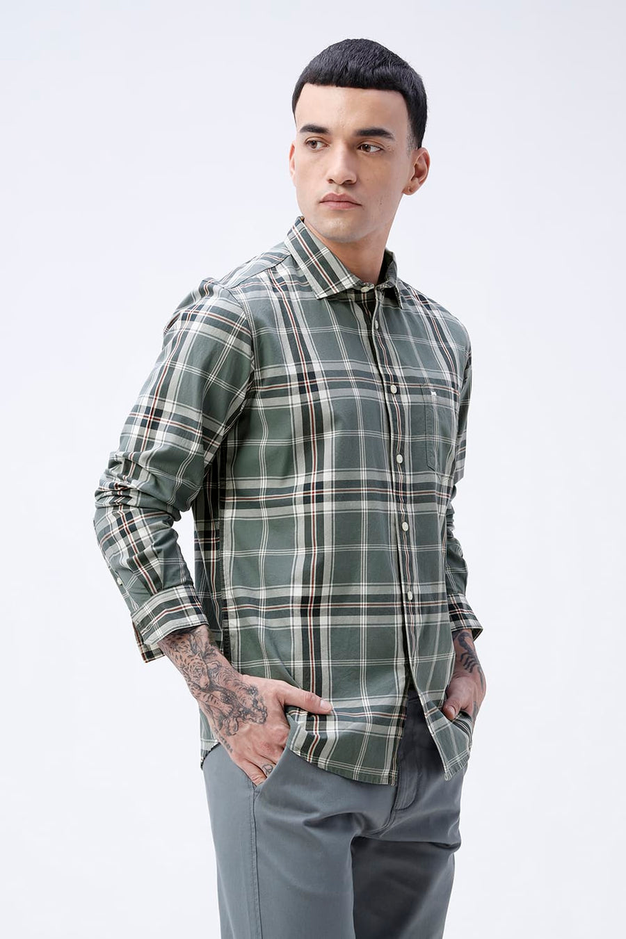 BASICS SLIM FIT DARK BROWN COTTON TWILL CHECKS SHIRT