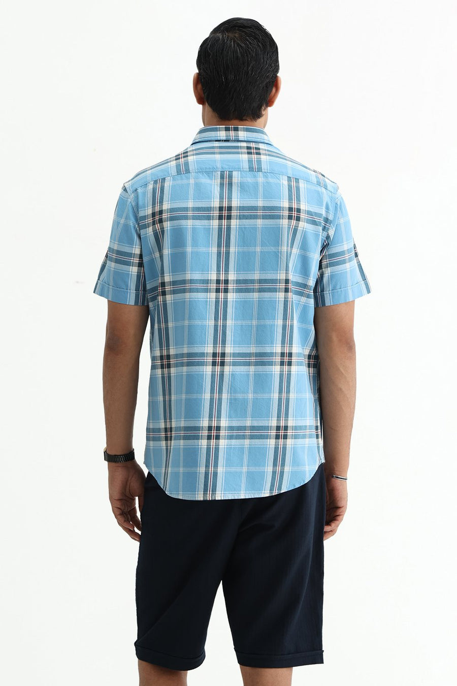 BASICS SLIM FIT BEIGE COTTON TWILL CHECKS HALFSLEEVES SHIRT