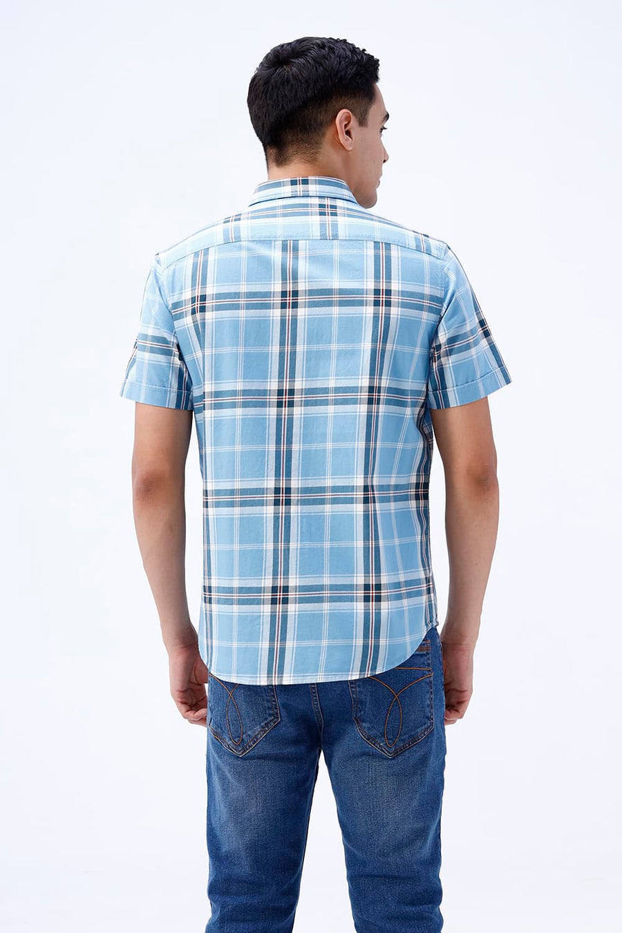 BASICS SLIM FIT BEIGE COTTON TWILL CHECKS HALFSLEEVES SHIRT
