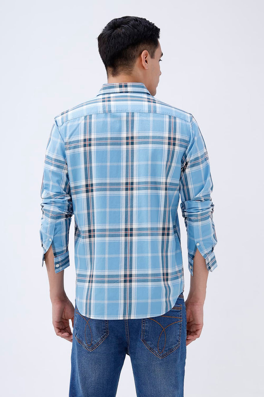 BASICS SLIM FIT BEIGE COTTON TWILL CHECKS SHIRT