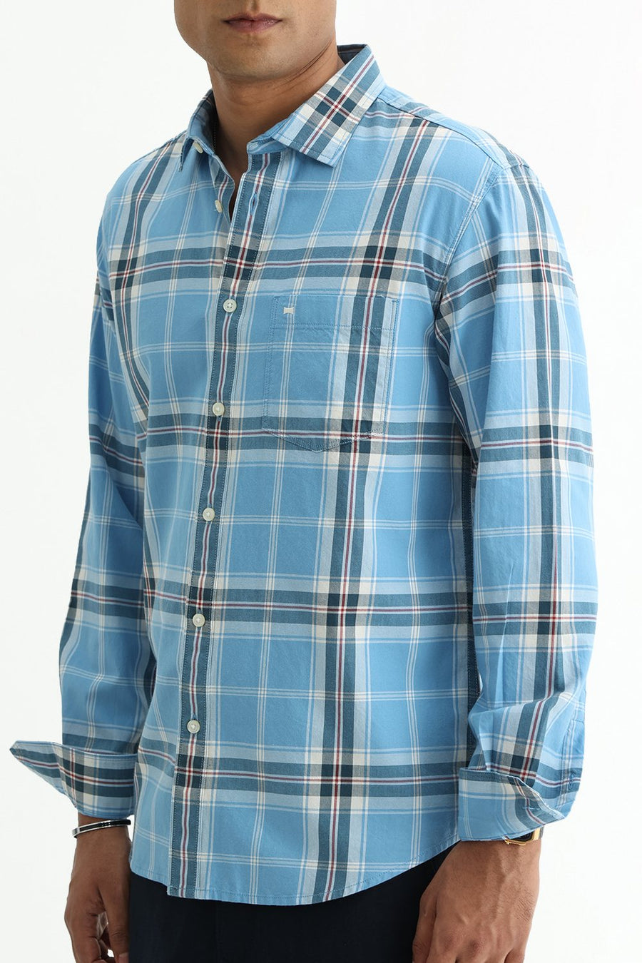 BASICS SLIM FIT BEIGE COTTON TWILL CHECKS SHIRT