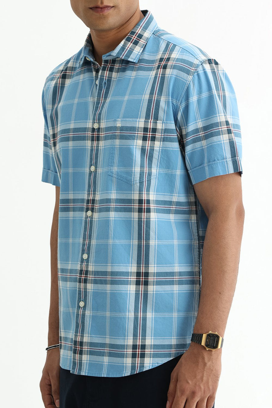 BASICS SLIM FIT BEIGE COTTON TWILL CHECKS HALFSLEEVES SHIRT