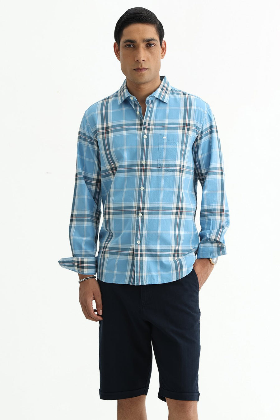 BASICS SLIM FIT BEIGE COTTON TWILL CHECKS SHIRT
