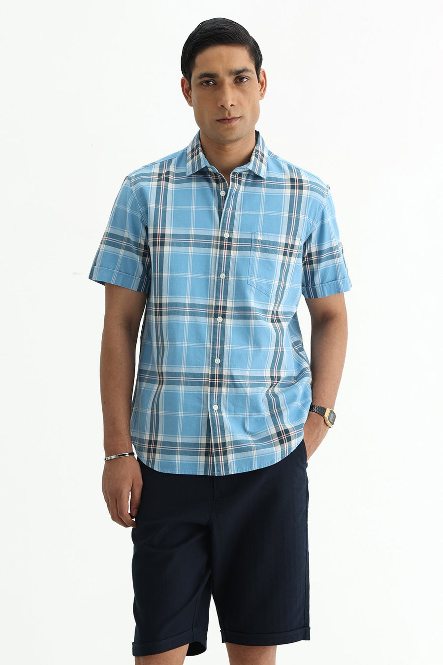 BASICS SLIM FIT BEIGE COTTON TWILL CHECKS HALFSLEEVES SHIRT