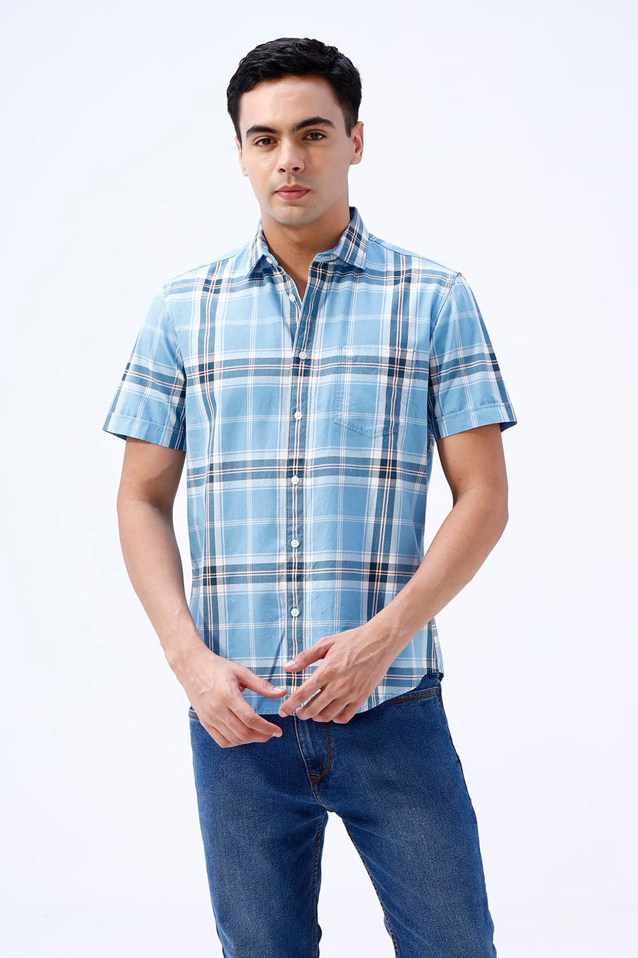 BASICS SLIM FIT BEIGE COTTON TWILL CHECKS HALFSLEEVES SHIRT