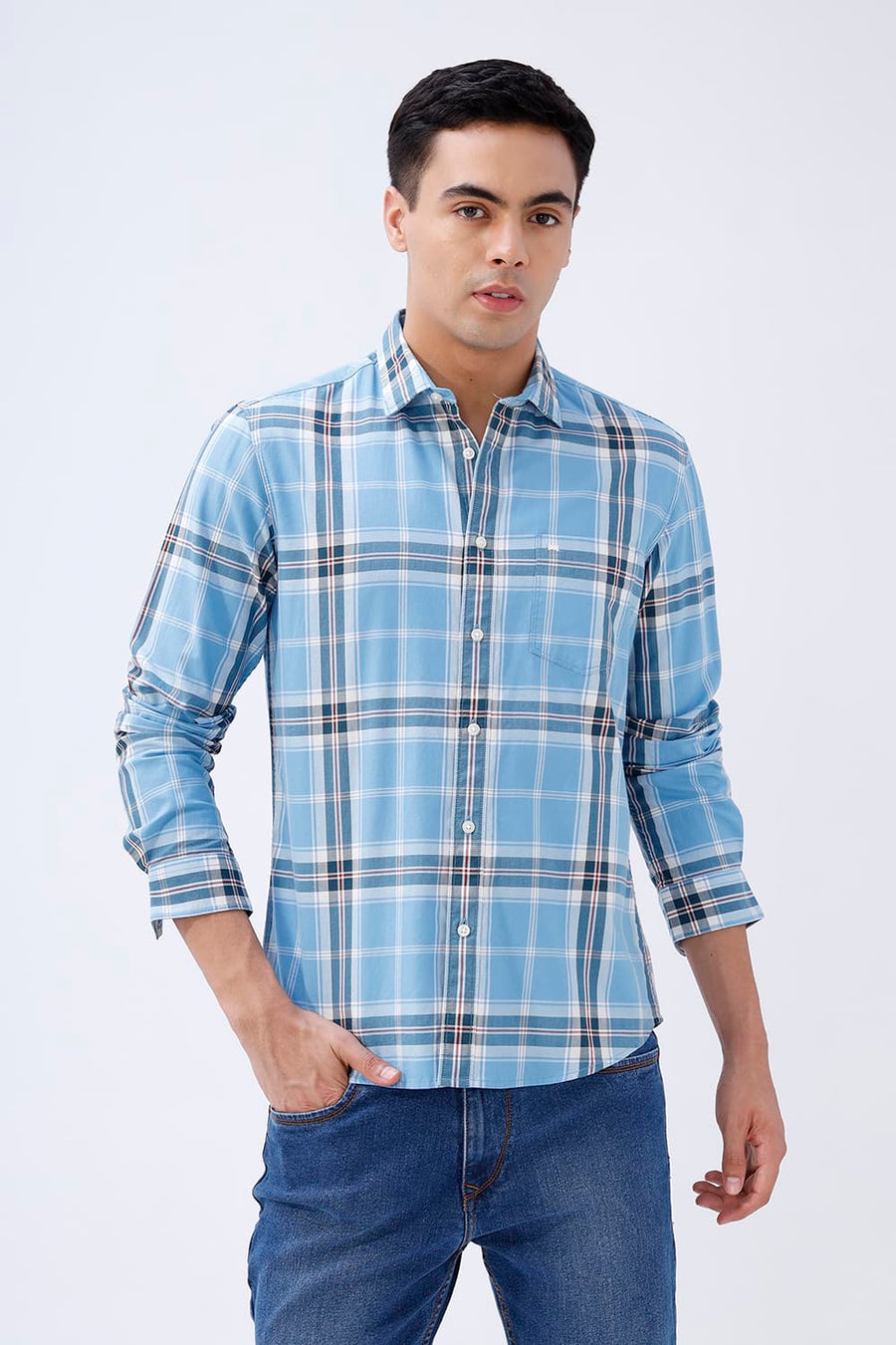 BASICS SLIM FIT BEIGE COTTON TWILL CHECKS SHIRT