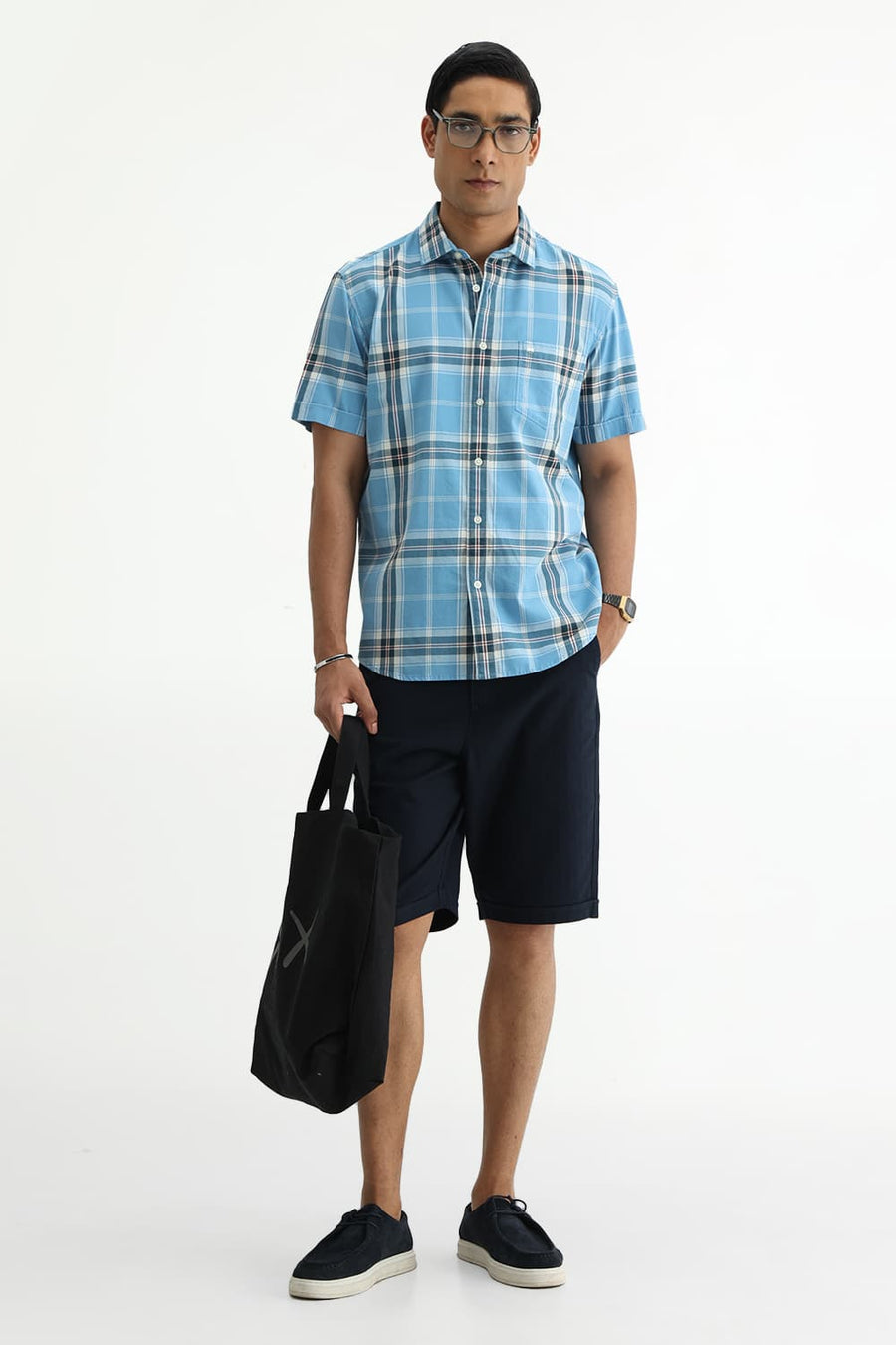 BASICS SLIM FIT BEIGE COTTON TWILL CHECKS HALFSLEEVES SHIRT