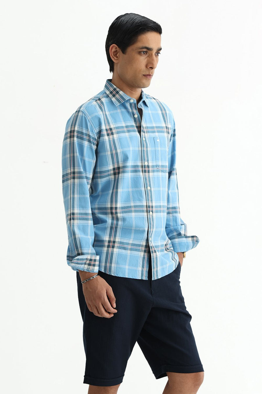 BASICS SLIM FIT BEIGE COTTON TWILL CHECKS SHIRT