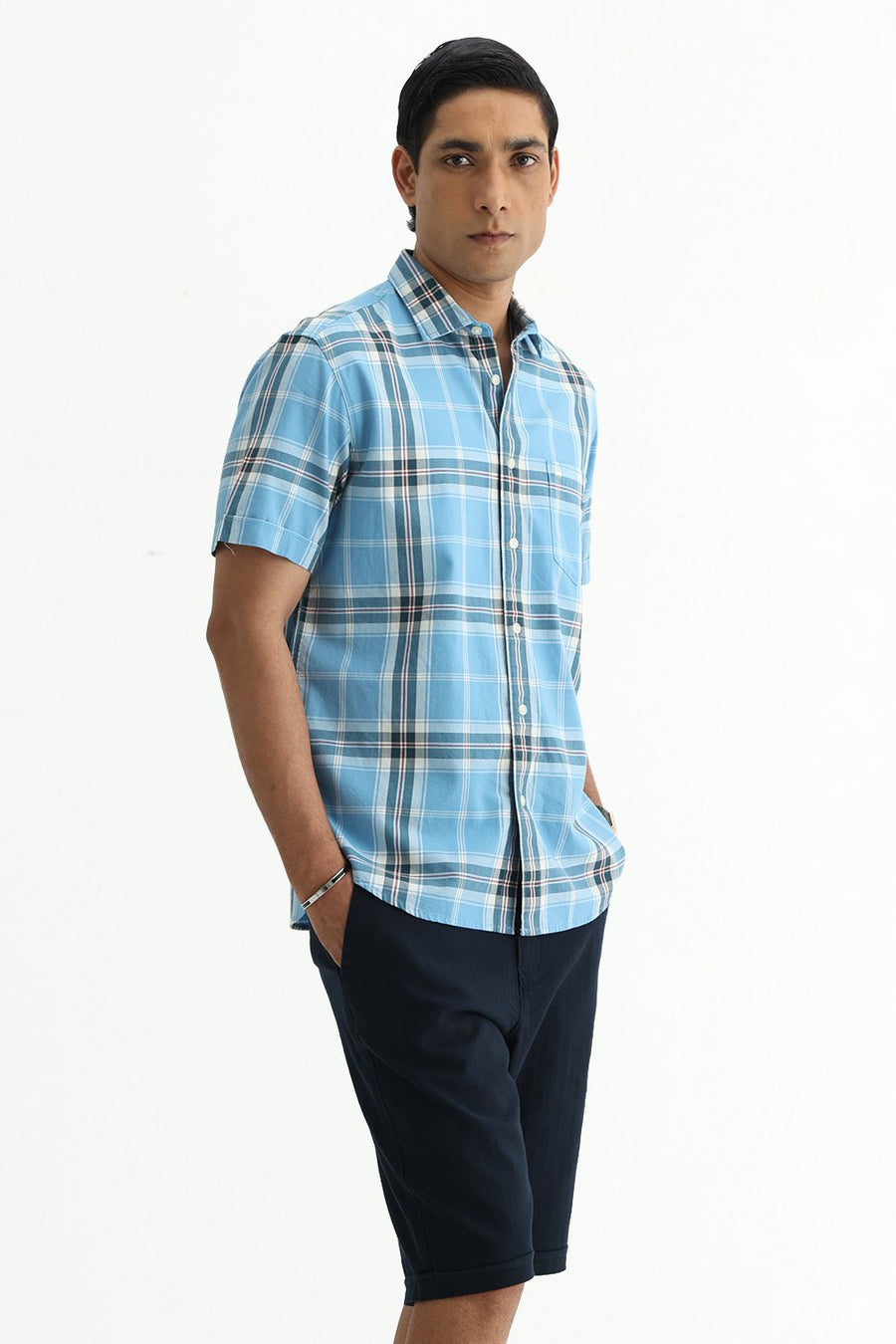 BASICS SLIM FIT BEIGE COTTON TWILL CHECKS HALFSLEEVES SHIRT