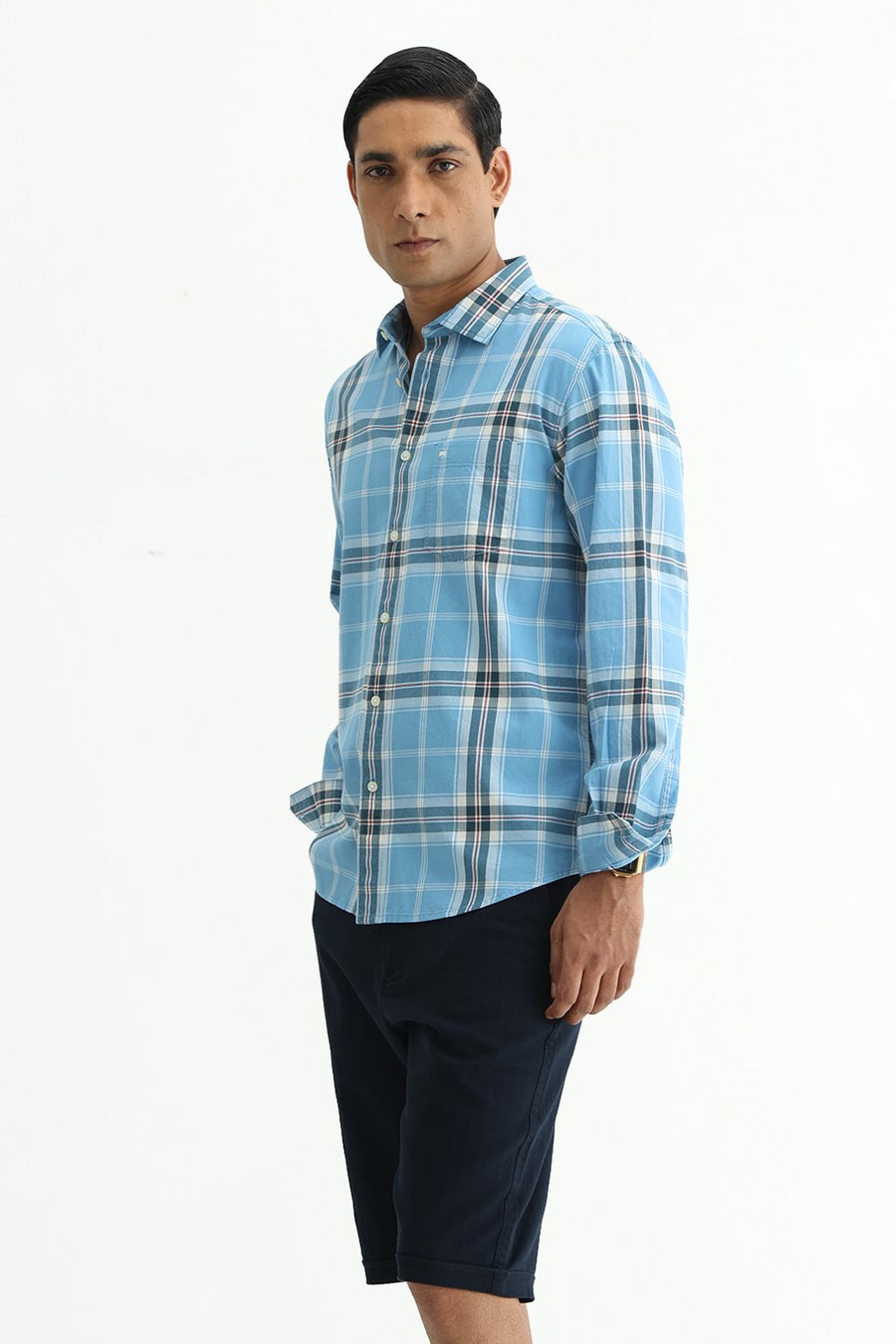 BASICS SLIM FIT BEIGE COTTON TWILL CHECKS SHIRT